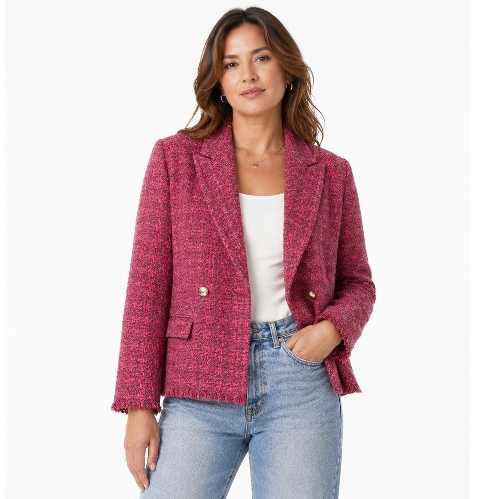 MNG Woman Pink Tweed Double-Breasted Blazer Jacket Frayed Hem Size XL